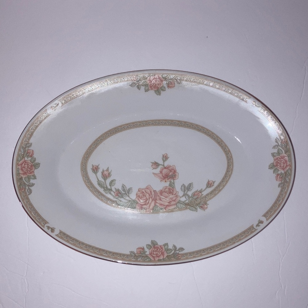 Vintage Pink Rose Oval China Serving Platter Gold Rim 10x14”